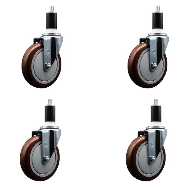5'' SS Maroon Poly Wheel Swivel 1-3/8'' Expanding Stem Caster Set, 4PK